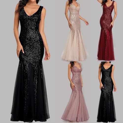 Robe fluide en queue de poisson pailletée décolleté maille sans manches