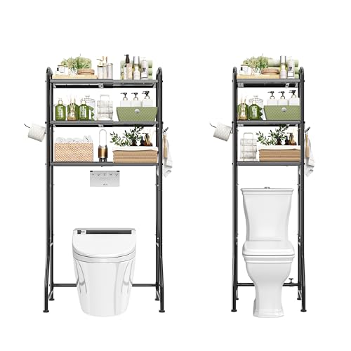 Simple Trending Expandable Over The Toilet Storage Rack, Metal 3 Tier Bathroom Organizer Shelf with Paper Holder and 3 Hooks, Black