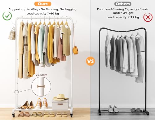 HOMIDEC Clothes Rail, Metal Clothes Rack with 4 Side Hooks, Bottom Storage Shelf and Wheels, Heavy-Duty Clothing Rail Holds Up to 40kg, Clothes Rails for Bedroom, Hallway, Clothing Stores, White - Image 3