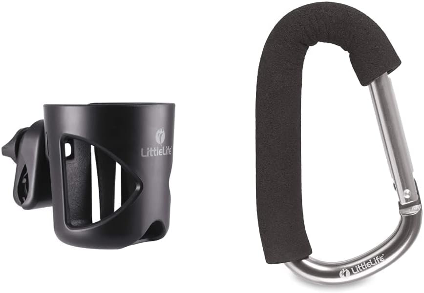 Buggy And Pushchair Universal Cup Holder Adjustable Bottle Organiser and Buggy And Pushchair Karabiner To Attach Your Shopping Bags, Handbag Or Change Bag To Stroller