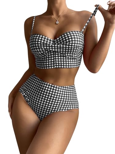 SOLY HUX Women's Bikini Sets Plaid Twist Front High Waisted Bathing Suit Two Piece Swimsuit