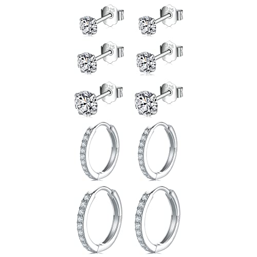 Small Sterling Silver Stud Earrings Set Tiny Cartilage Huggie Hoop Earrings Cubic Zirconia Cuff Earrings Silver Hoop Earrings for Women Men