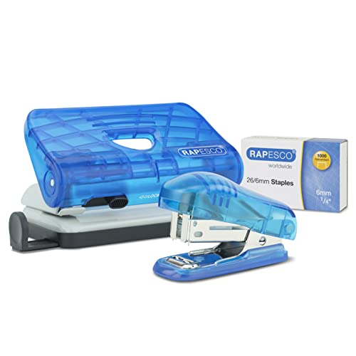 Rapesco 1719 Bug Heftgerät und 810-P 2- Locher Set mit 1000 26/6 mm Heftklammern Transparent Blau