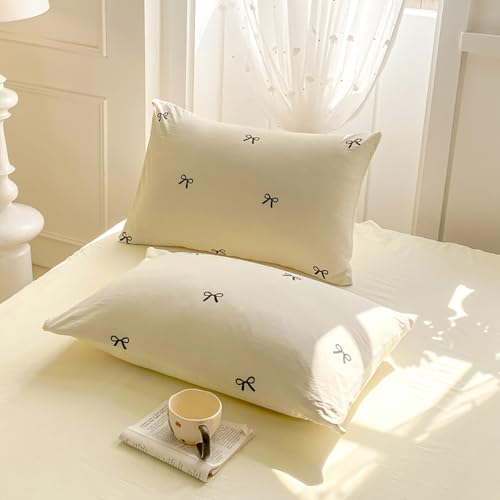 Image of Nayoroom Bow Duvet Cover Queen Size Reversible Aesthetic Duvet Cover 3 Pieces Soft Lightweight Microfiber Kids Girls Cute Dorm Bedding Set, White /Yellow