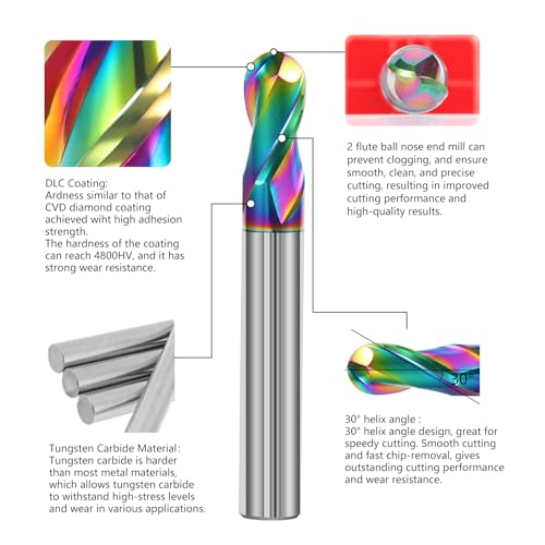Image of 1 /4 inch Solid Carbide Ball Nose End Mill 2Flute DLC Coated HRC55 CNC Milling Cutter Bits for Copper & Aluminum Alloys