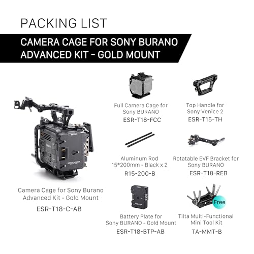 Image of Tilta Camera Cage Compatible with Sony BURANO | Arri Rosettes, 1 /4 inch-20 and 3 /8 inch-16 Threads | w /Top Handle, Left /Right Side Arm, Battery Plate (Advanced Kit - Gold Mount)