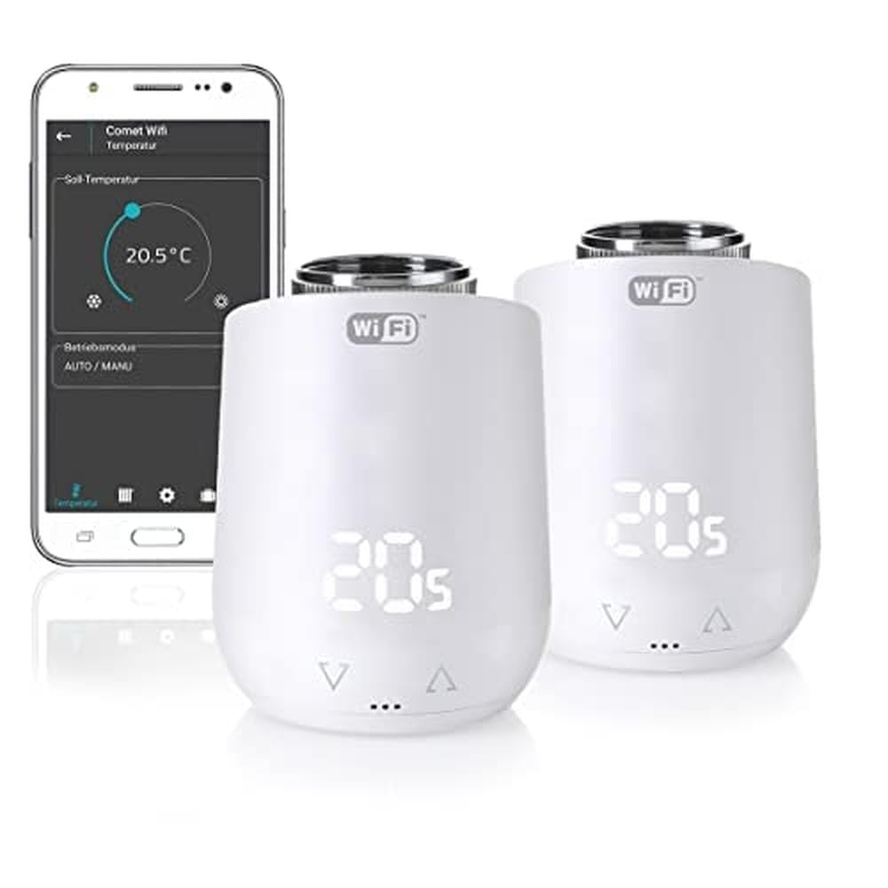 Eurotronic Comet Wifi zestaw 2 termostatów do grzejników (M30 x 1,5 mm, przyłącze gwintowane, kompatybilny z Wi-Fi 2,4 GHz, system regulatora ogrzewania ze sterowaniem Alexa, energooszczędny