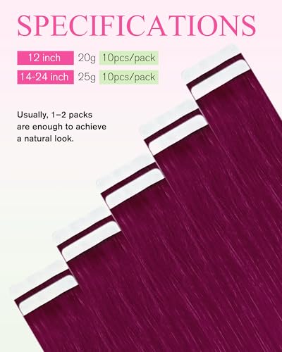 Image of YoungSee Tape in Extensions Colored, Tape in Hair Extensions Human Hair Magenta, Invisible Tape Hair Extension, 18 inch 10pcs 25g, for Prom