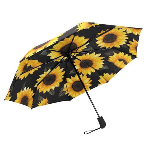 Black Sunflower Travel Umbrella Floral Totes Auto Open Close Windproof Compact Folding Reverse Umbrella Portable for Girls Women