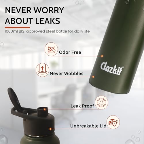 Image of Clazkit Alpha Sporty Stainless Steel Water Bottle Single Wall 1000ml Set of 4 | Lightweight, Leak-Proof, Reusable | Ideal for School Kid,Office, Gym & Travel | Green