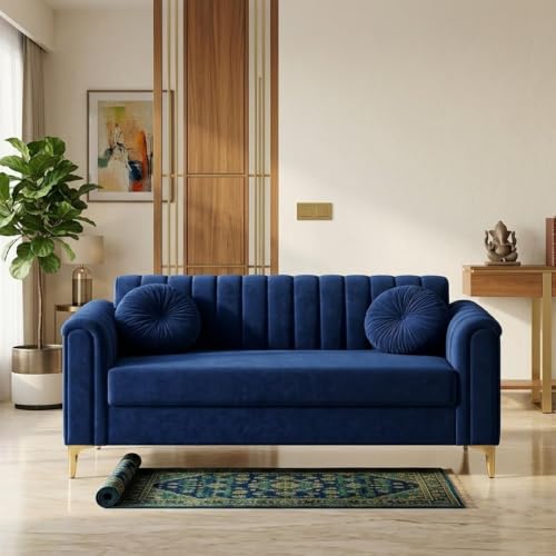 Image of FURNY Dorino 2 Seater Fabric Sofa Set (Dark Blue) Premium Velvet Finish Durable & Comfortable Ideal for Living Room, Office