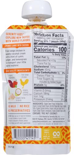 Image of Serenity Kids 6+ Months World Explorers Baby Food Pouches Puree Made With Ethically Sourced Meats & Organic Veggies | 3.5 Ounce BPA-Free Pouch | Chicken Coconut Curry | 1 Count (Pack of 4)