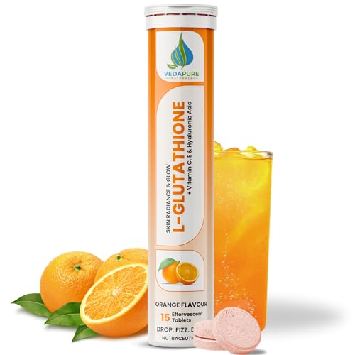 Image of Vedapure L Glutathione- 15 Effervescent Tablets with Vitamin C & E (1000 mg) | Skin Brightening, Hydration & Collagen Boost | For Men & Women | 15 Watermelon & Strawberry Tablets (Pack of 1)
