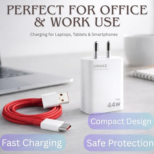 Image of Umake 44W Quick Charge 3.0 Wall Charger with USB-A to Type-C Cable, High-Speed Charging Adapter Compatible with VOOC, Warp & Dash Supported Devices BIS Certified