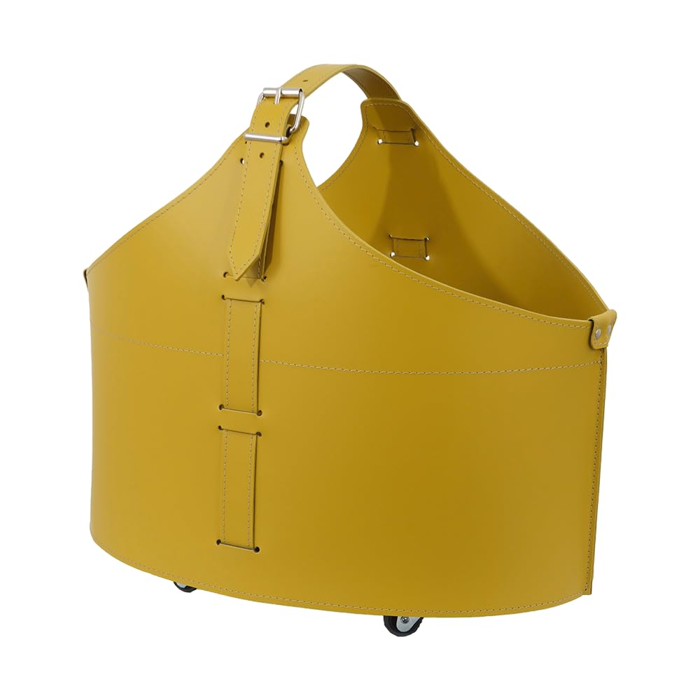 LIMAC Design FABIA Holzkorb aus Leder für den Innenbereich, Kaminholzkorb für Brennholz, Brennholztasche mit gummierten Rädern, Hergestellt in Italien. (Ockergelb)