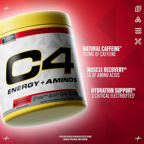 C4 Energy + Aminos Powder for Muscle Recovery, Fruit Punch, 30 Servings | 100mg natural caffeine, 5g BCAAs & EAAs plus electrolytes for energy, recovery and hydration. - image 3