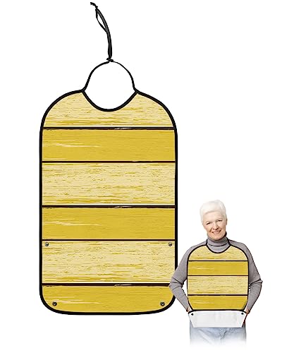 Yellow Wood Adult Bibs for Eating, Waterproof Bibs with Food Catcher & Adjustable Snap Closure, Farmhouse Retro Wooden Grain Striped Washable Clothing Protectors Adult Bibs for Elderly Women/Men