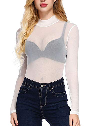 Scriardv Blusa de manga larga de cuello alto transparente para mujer, de malla transparente a través de color sólido, sexy y ajustada, blanco, L Cover