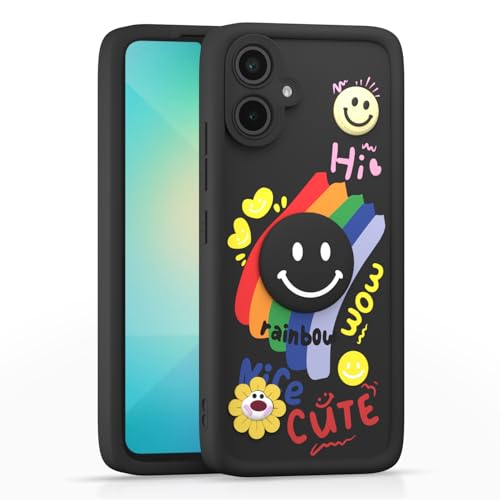 Image of Pikkme Back Cover for Samsung Galaxy A04 | Soft Silicone| Cute Rainbow Smile & 3D Cartoon Flower Design | Shockproof Raised Camera Protection Bumper Case (Black)