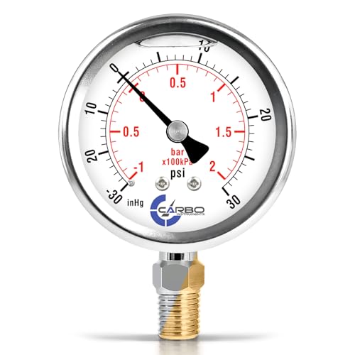 Image of Compound Pressure Gauge -30 inHg to 30 PSI, Liquid Filled, 2.5 inch Dial, 1 /4 NPT Lower Mount, 304 Stainless Steel Case, Brass Wetted Parts, PSI /inHg - ASME B40.1 Grade A