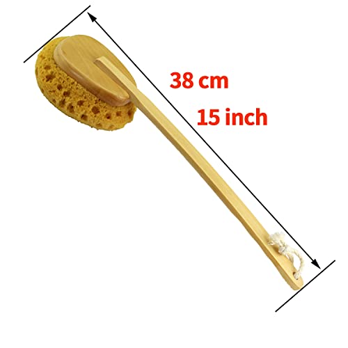 Shower Body Brush Sea Sponge Long Wooden Handle Back Scrubber Bath Brush Gentle Exfoliating Lotion Applicator #TOP3