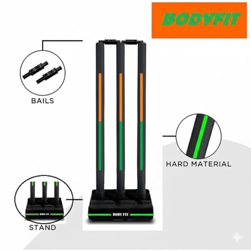 Image of Bodyfit Heavy Cricket Stumps | Plastic Wickets Set with 3 Stumps + 2 Bails + 1 Stand | Full Size Wickets for Cricket Ground, Tournament Wicket. (Black-OraGreen)