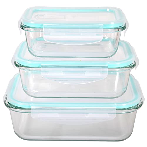 HOCHSTE Glass Food Storage Container Set with Plastic Lids (3 Pcs Set)- Healthy Meal Prep Boxes with Airtight Lids Dishwasher, Oven, Microwave & Freezer Friendly Teal - Rectangle