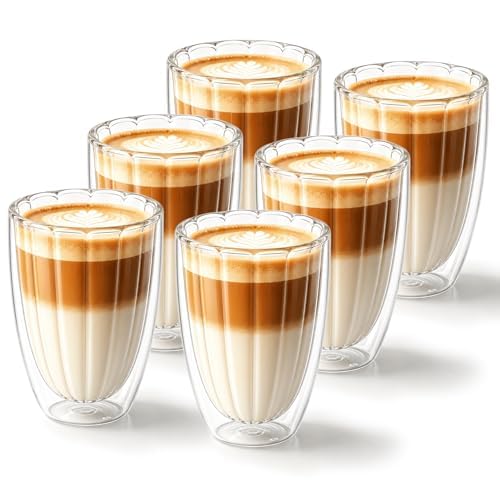 twoant 6 Set Latte Macchiato Ribbed Double Wall Glasses 350ml Glass Coffee Cups Cappuccino Borosilicate Glasser Cups for Coffee Matcha Latte Macchiato Milk Juice
