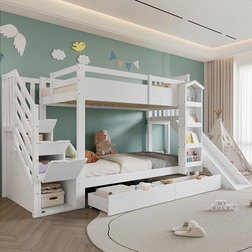 Ktipm Litera de 90x200 cm con Tobogán y 2 Cajones, Cama Infantil con Escalera Almacenaje y Estante, Litera Infantil con Protección Anticaída y Listones Madera, Literas Infantiles, Sin Colchón, Blanco