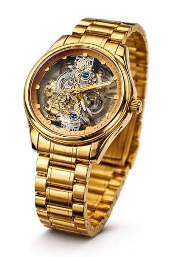 Image of Gold Skeleton Dial Watch, Automatic Mechanical, Stainless Steel Bracelet, Men's Luxury Timepiece