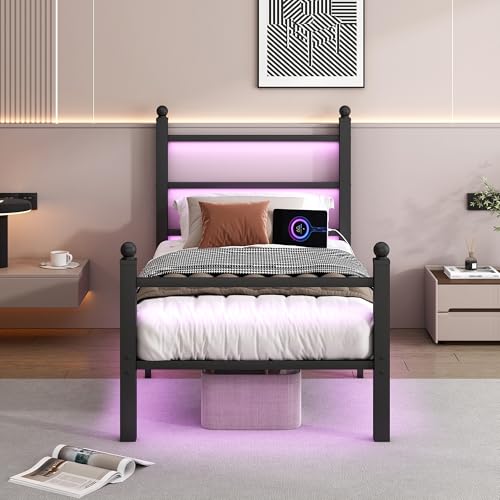 CLIBFENG Twin Bed Frame with Headboard and Footboard,Steel Slats Support-LED Bed Frame with USB Charging Station,Mattress Foundation-Under Bed Storage,No Box Spring Needed,Noise Free,Black