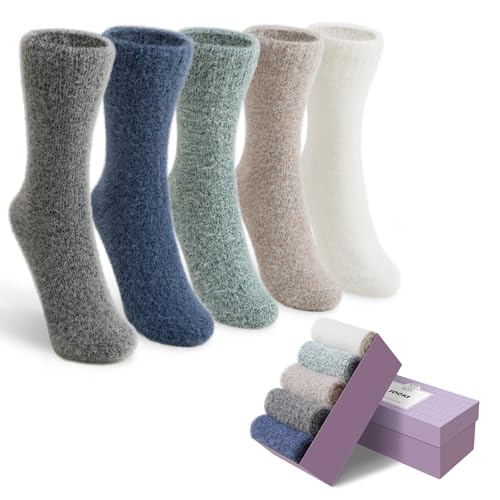 Image of ICEIVY 5 Pair Fuzzy Cozy Socks for Women - Warm Comfy Soft Casual Home Sleep Winter Wool Socks - Gifts for Women