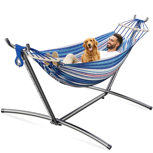 ANAGOO Double Hammock, Heavy Duty Portable, 500 lb Weight Capacity, Perfect for Both Indoors and Outdoors, 2 Person Hammock with Carrying Bag, Fine Blue