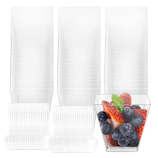 Hisdricus 50 vasos de postre de plástico con cucharas, cada uno de 60 ml, reutilizables vasitos para postres Perfectos para mousse, pudín, helado y más