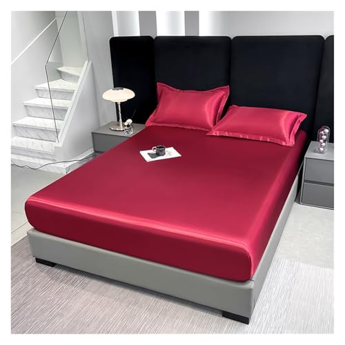 Sábana Bajera de satén Impermeable, Funda de colchón de Seda Artificial, Banda elástica de Color sólido, Funda de Cama pequeña y Grande para el Dormitorio, el colchón(Red,150x200x25cm 1pc)
