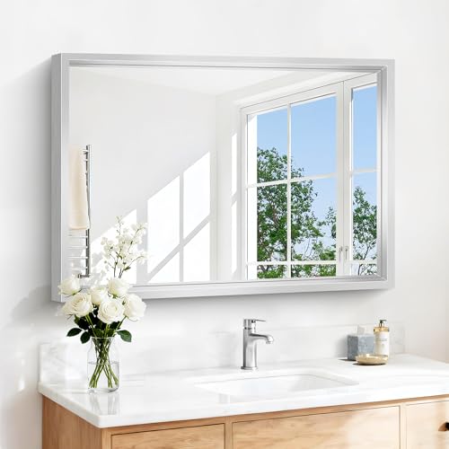 Image of 42x30 Silver Bathroom Mirror, Brushed Silver Rectangular Mirror for Wall, 0.6 inch Thickened Deep Frame Mirrors for Bathroom Sink, Shatterproof Tempered Glass, Antirust, Horizontally or Vertically