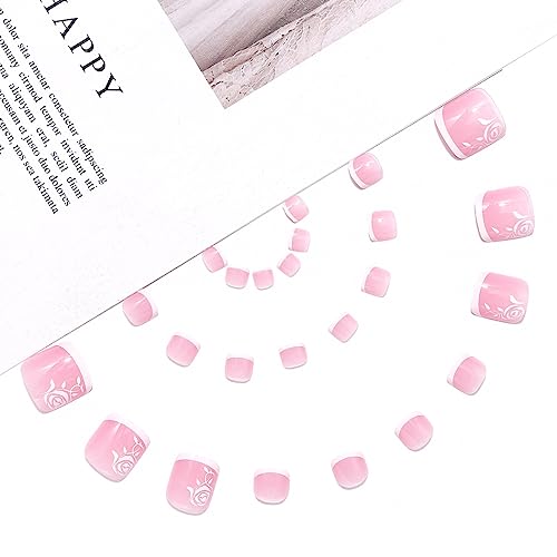 Handcess French False Toe Nails Nude Pink Glossy Press on Toe Nail Folwer Fake Toenails Full Cover Acrylic Toe Nail Art Tips for Women and Girls 24Pcs - Image 2