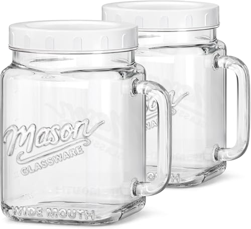 Sovietiep 2 Pack Glass Wide Mouth Mason Jars, 74 oz Large Mason Jars with Handles for Sealing, Glass Jars for Food Storage, Overnight Oats, Dry Food, Snacks, Candies, DIY Projects