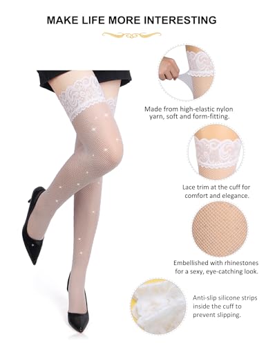 Image of Rhinestone Fishnets Thigh High Stockings Lace Sparkly Tights for Women Sexy Non Slip Pantyhose 4 Colors XS-5XL