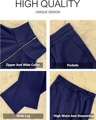 GRECERELLE Lounge Sets For Women 2025 Casual Lapel Half Zip Sweatshirt And Wide Leg Sweatpant 2 Piece Outfits Tracksuit Sets4