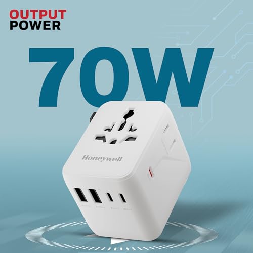 Image of Honeywell Universal Travel Adapter 70W, 7 in 1 Fast Charging, QC3.0 /PD, Universal & US Socket, 3 Type C, 2 USB A, Overload & overvoltage Protection, International Adapter for EU, US, UK & CN /AUS