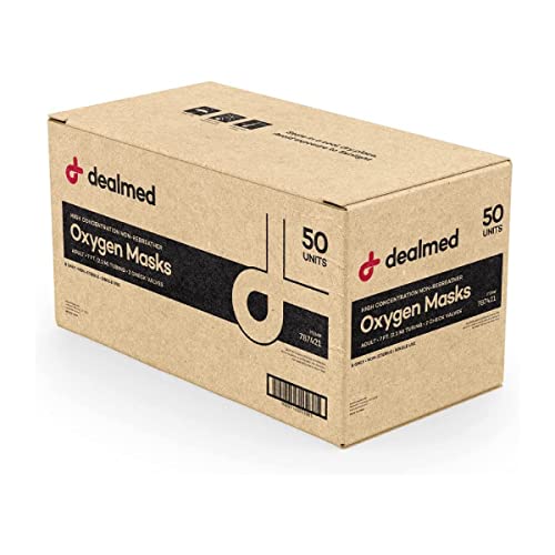 Dealmed Non-Rebreather Oxygen Mask, Adult Size – Clear Medical Oxygen Face Mask with Adjustable Nose Clip, for Hospitals, EMTs, First Aid Kits, and Clinical Use (50 Pack)