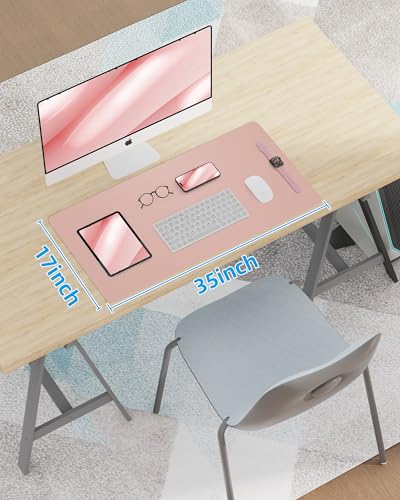 Image of Makeup Mat for Vanity, PU Leather Desk Pad Blotter,Waterproof & Oilproof Desk Protector, Easy Clean Beauty Station Mat for Dresser Top, 35x17 Inches, Pink