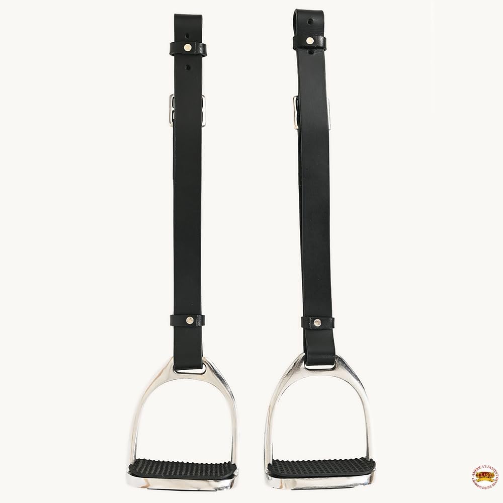 HILASON Horse Saddle Stirrups English Leather Pair Black W/Hobble Strap