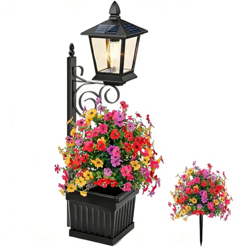 Solar Pathway Lights with Planter 2-in-1 Outdoor Solar Lamp Post Light with Planter and Artificial Flowers 27/35inch Outdoor Planters with Lights for Lawn Patio Yard & Pathway Decor (27in(Small)