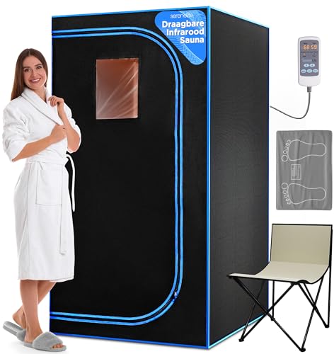 SereneLife Portable Sauna Box for Home, Infrared Sauna Tent with Heated Foot Pad and Folding Chair, Remote Control In-Home Spa, 35" x 71" - inch (Black)