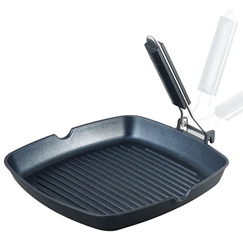 S·KITCHN Grill Pan with Folding Handle, Nonstick Grilling Pan for Stove Tops, Induction Compatible Square BBQ Pan with Pour Spouts - 11 in by S·KITCHN - Used condition - US$23.39