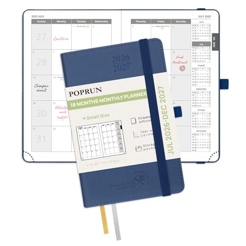 Image of POPRUN Month to View Diary 2026-2027 A6 (16x10.5cm) Pocket (18-Month: Jul'26 - Dec'27) Monthly Planner Soft Cover Small 26/27 Diary, Sunday Start(Navy blue)