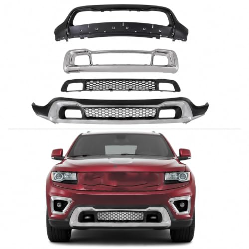 3PCS Front Bumper Cover & Bumper Grille Set Compatible with 2014 2015 2016 Jeep Grand Cherokee Replacement OE#68141936AD, 68143070AD, 68143076AD,Partlink Number:CH1015114C | CH1036128C | CH1037108C