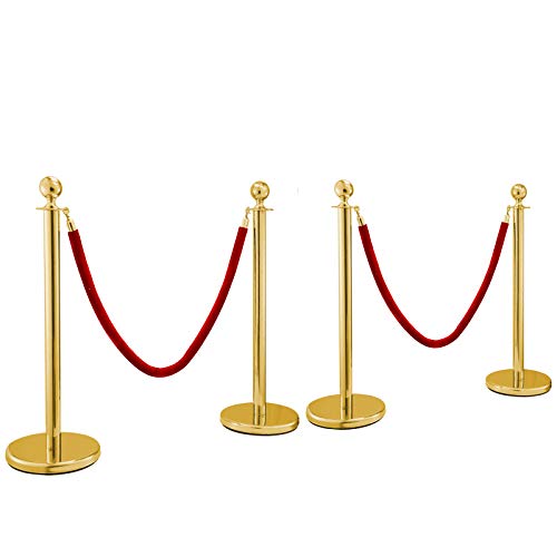 BestEquip 4PCS Stainless Steel Stanchion Posts Queue Red Velvet Ropes Silver 38In Rope